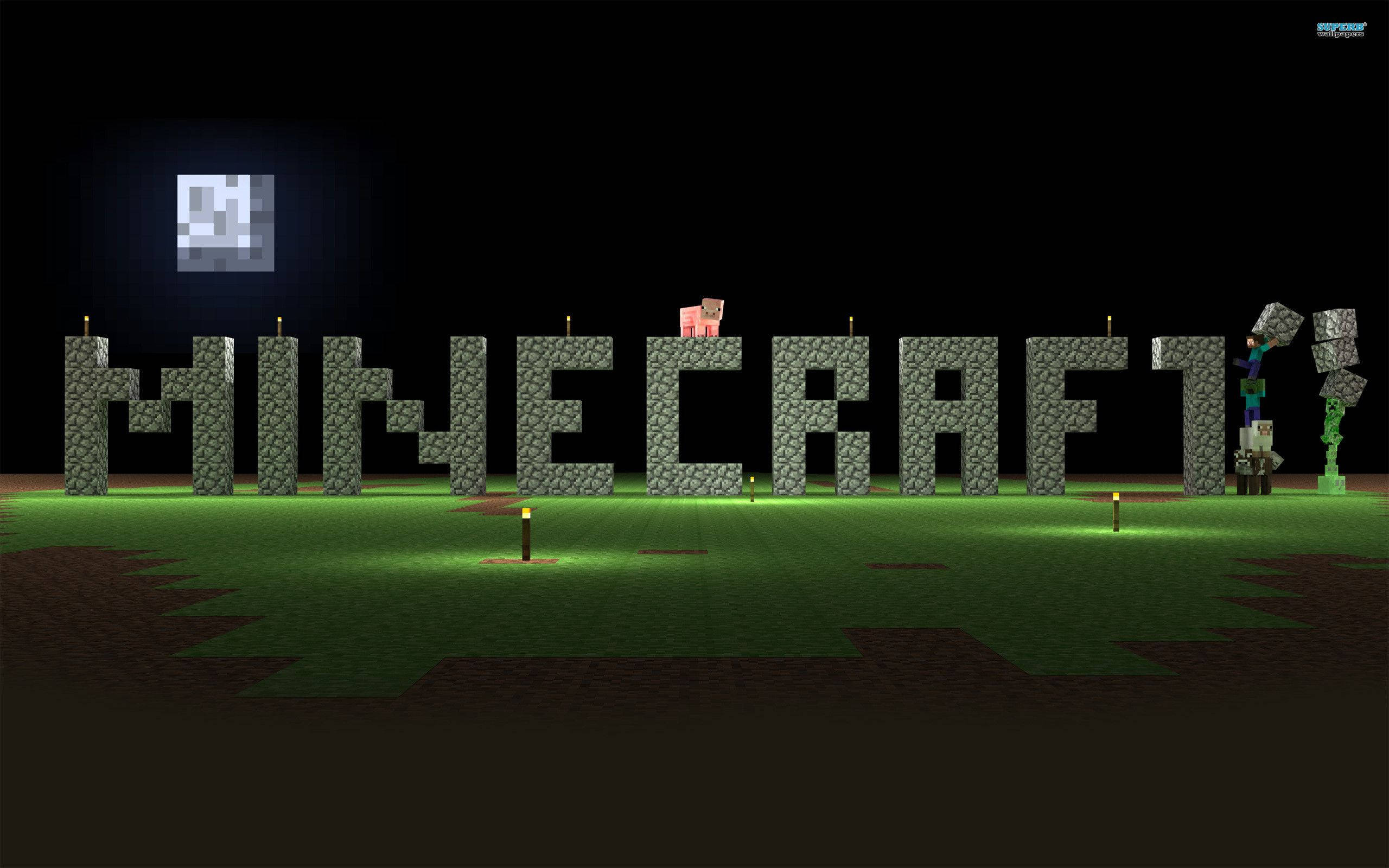 Minecraft logo, stone blocks, pixel moon, 2K Desktop Wallpaper