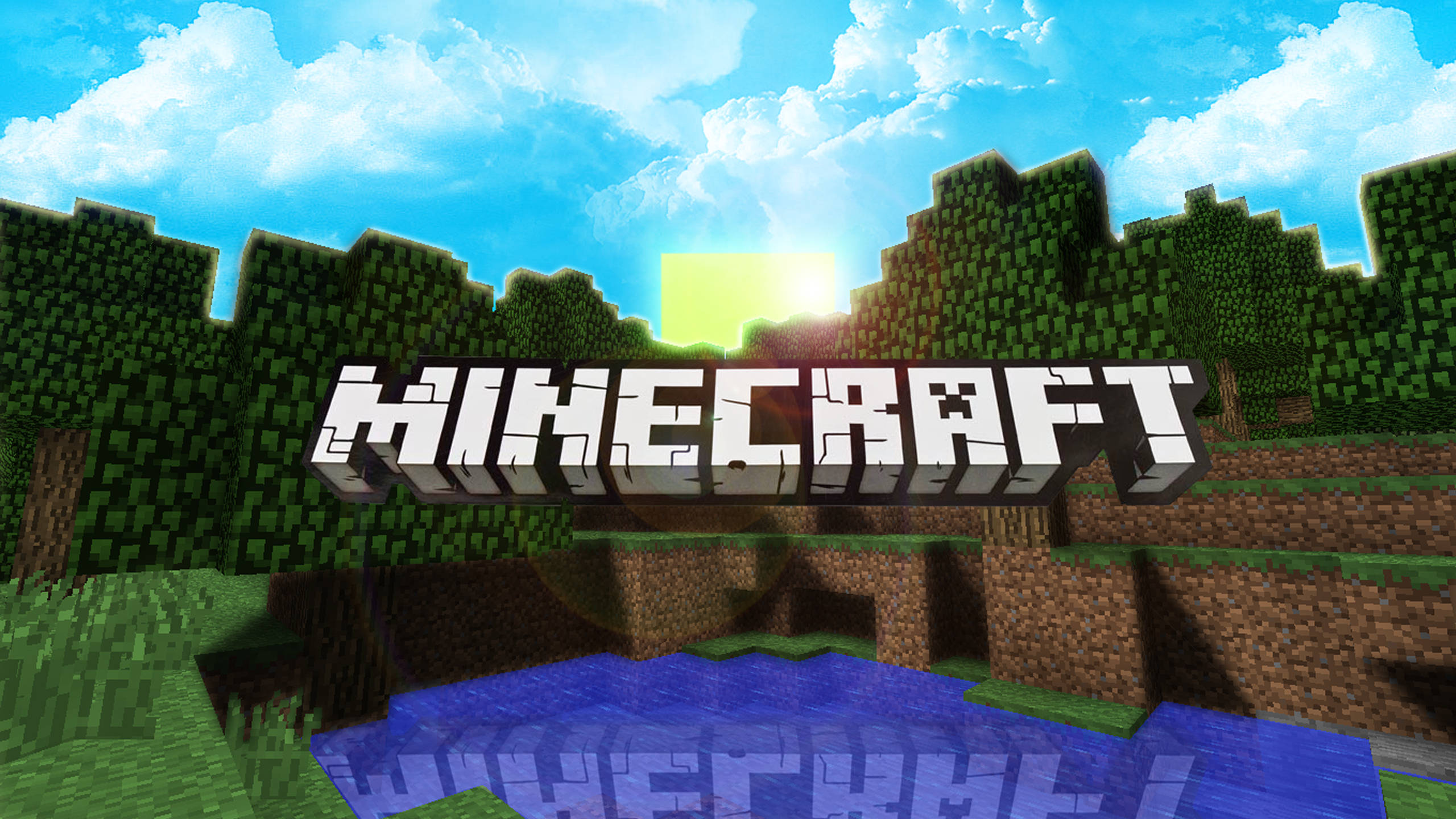 Minecraft Logo, pixelated landscape, trees, 2K Desktop Wallpaper