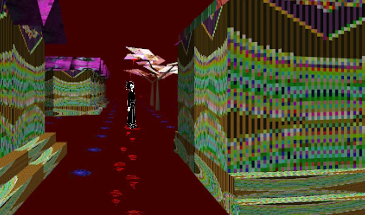Minecraft, pixelated figure, surreal corridor, SD Desktop Wallpaper