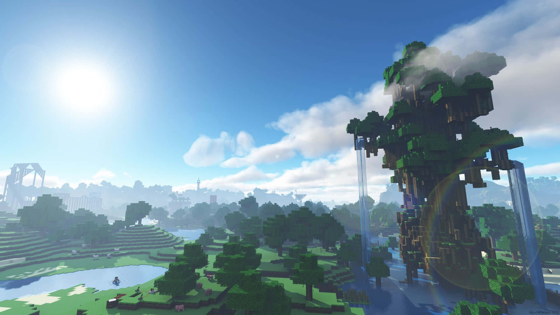 Minecraft, blocky Minecraft world, towering tree, Full HD Desktop Wallpaper