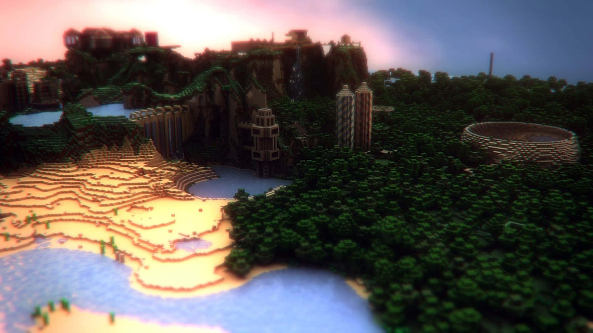 Minecraft Map, pixelated Minecraft landscape, sandy beaches, Full HD Desktop Wallpaper