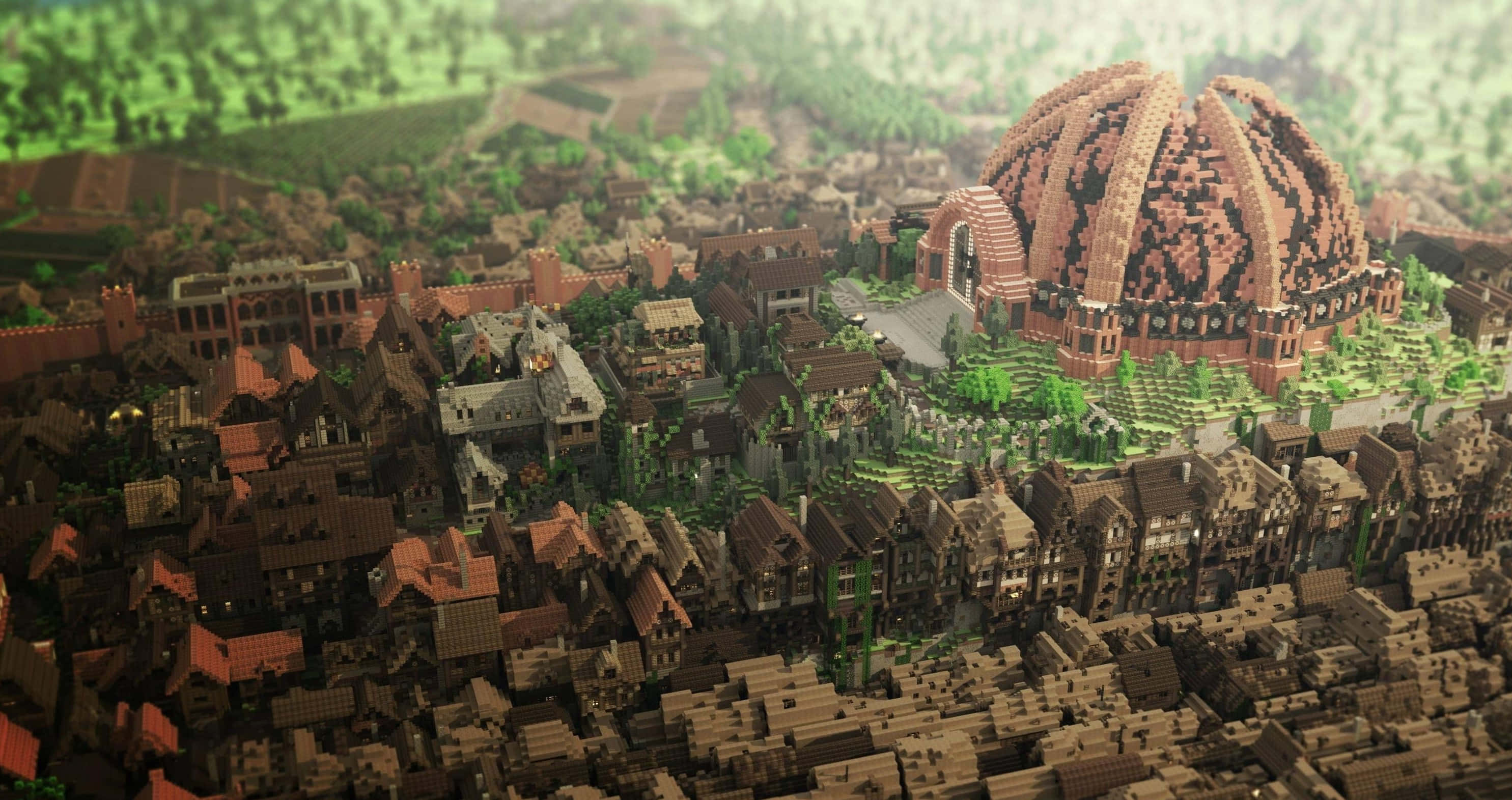 Minecraft Map, Minecraft-style village, domed structure, 2K Desktop Wallpaper