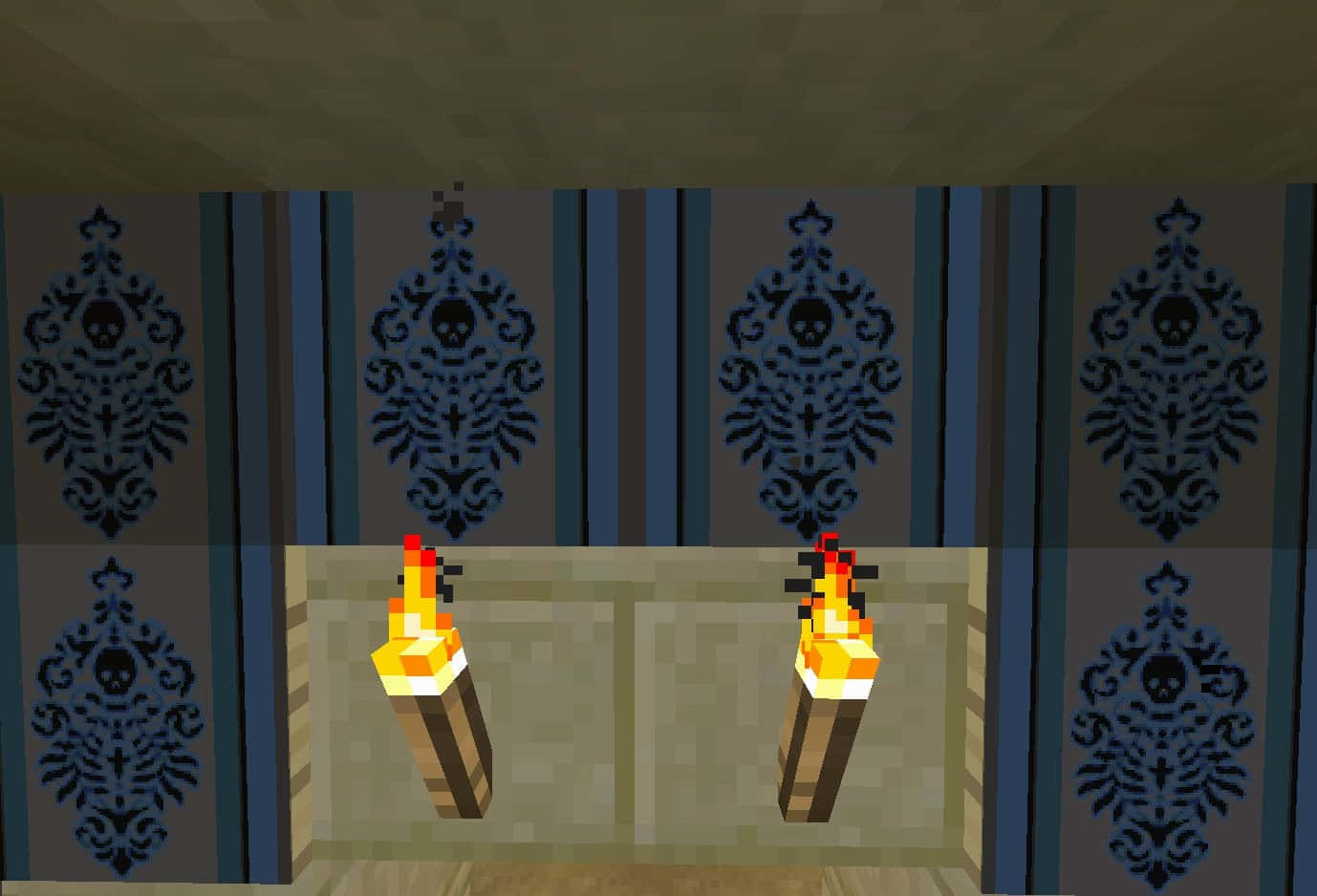 Minecraft, pixelated torches, skull-patterned damask wallpaper, HD Desktop Wallpaper
