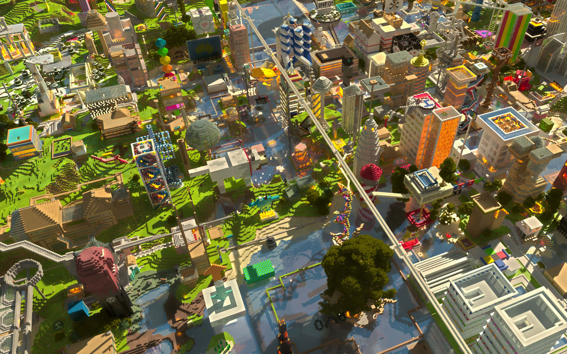 Minecraft Map, blocky cityscape, colorful buildings, Full HD Desktop Wallpaper
