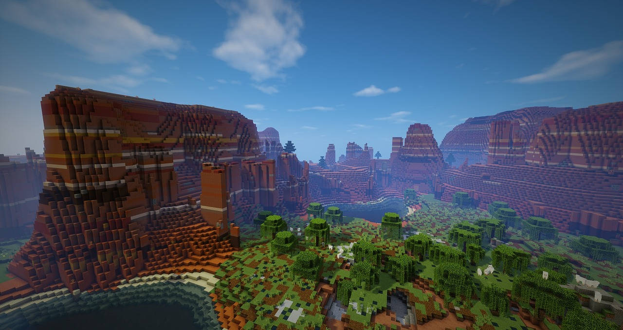Minecraft, red rock formations, lush green trees, HD Desktop Wallpaper