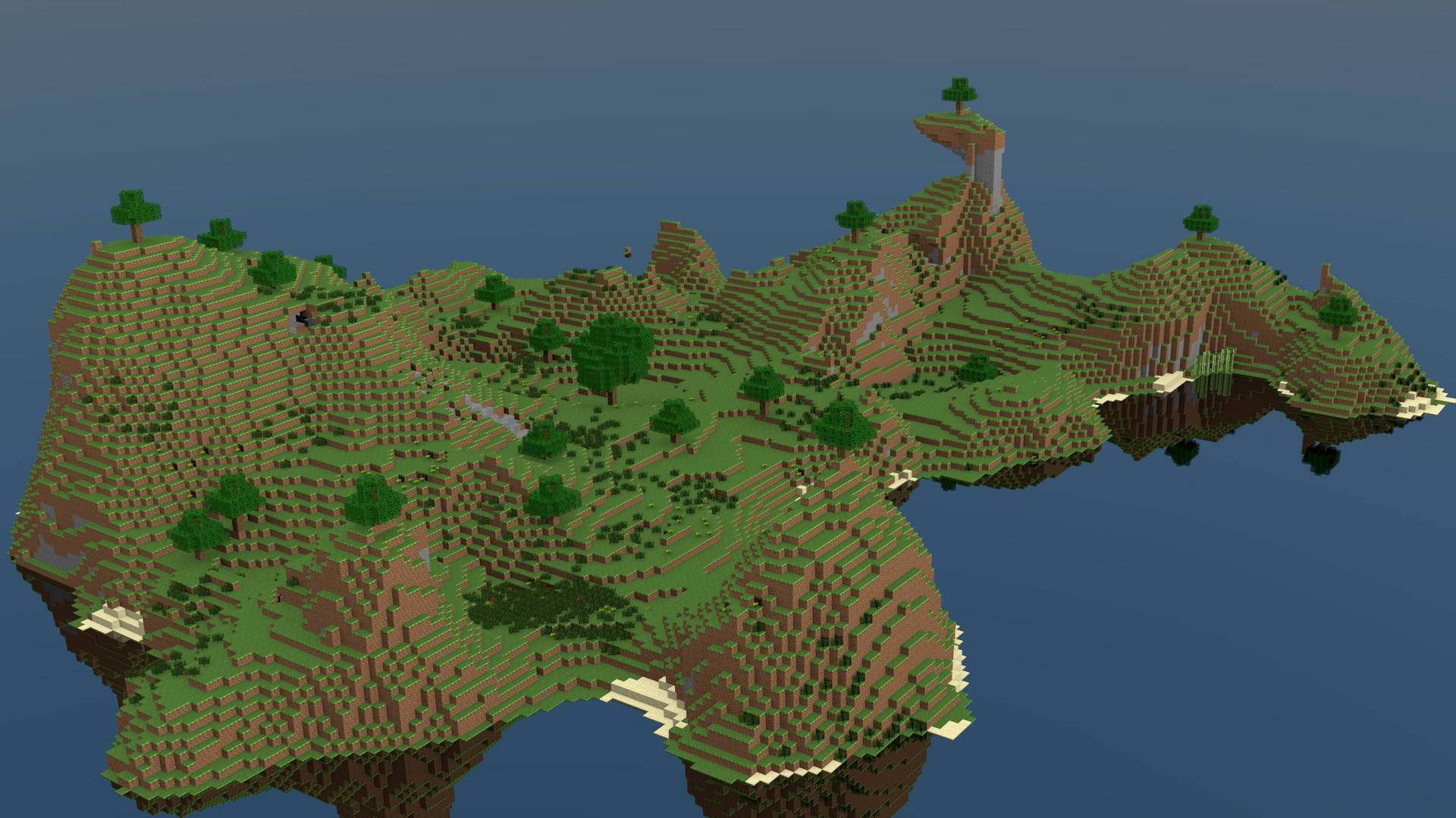 Minecraft, blocky island, green hills, Full HD Desktop Wallpaper