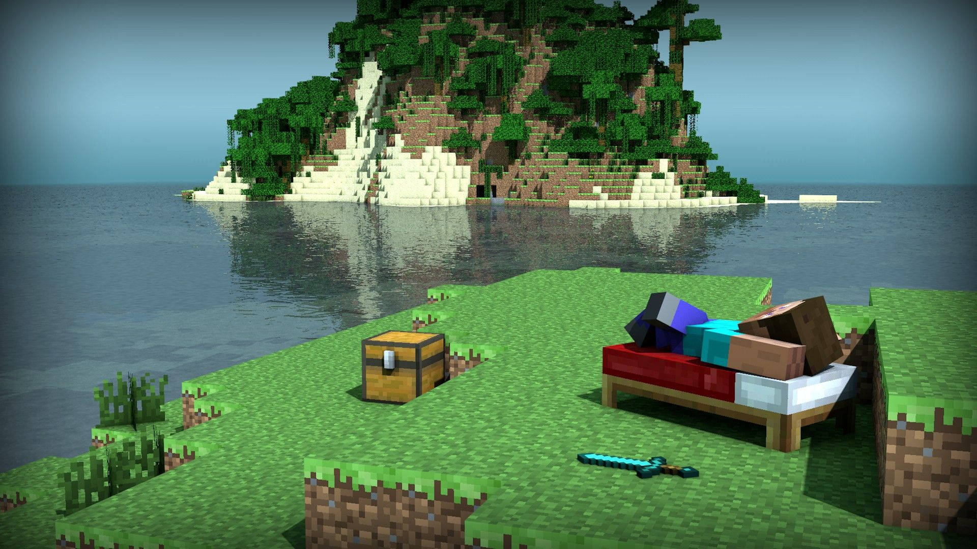 Minecraft, island, grassy shore, Full HD Desktop Wallpaper