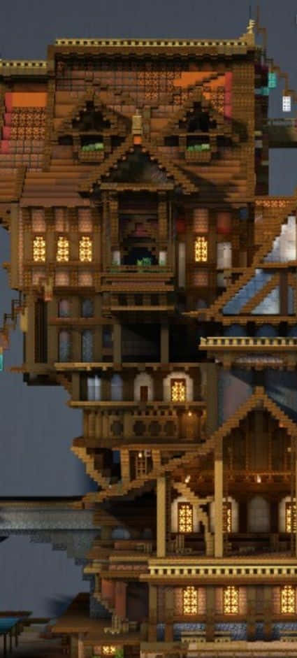 Minecraft, pixel-art wooden house, glowing windows, SD Phone Wallpaper