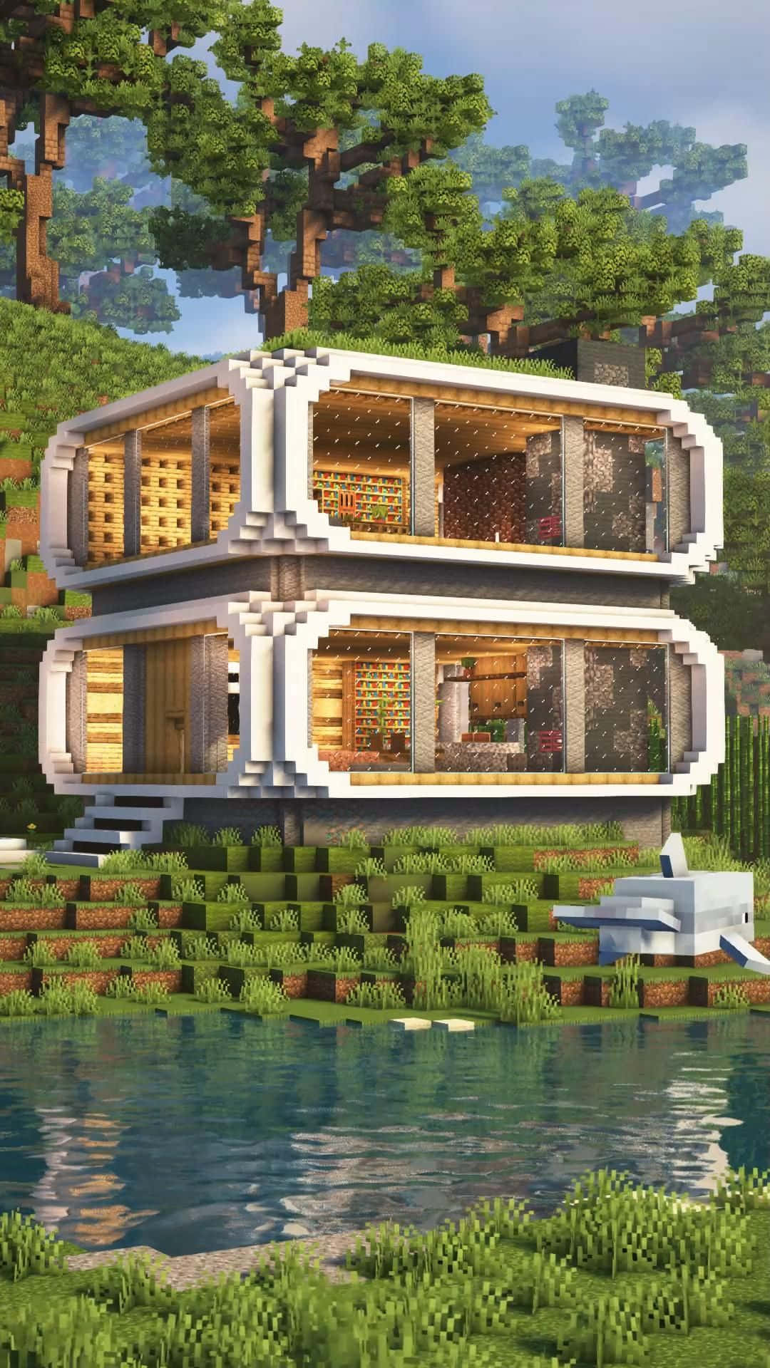 Minecraft, pixelated Minecraft house, glass walls, Full HD Phone Wallpaper