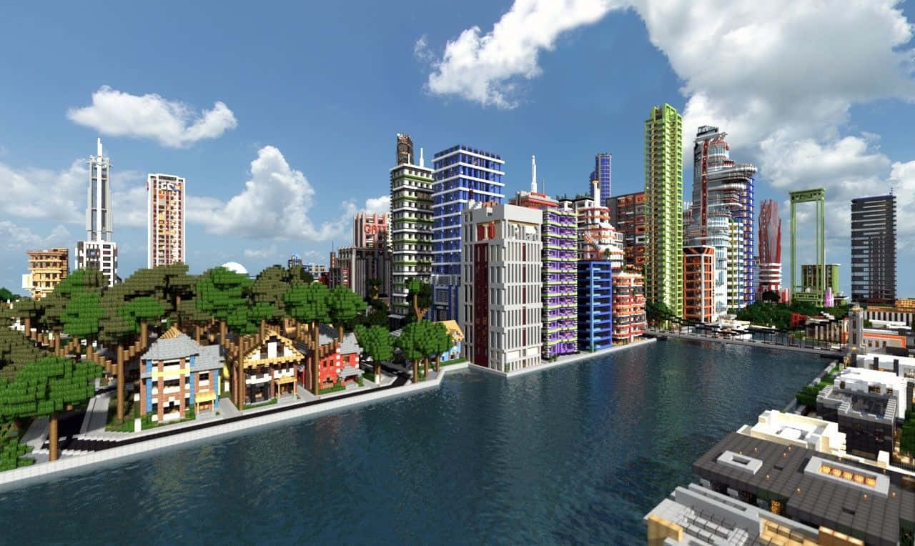 Minecraft, Minecraft Cityscape, pixelated skyscrapers, HD Desktop Wallpaper
