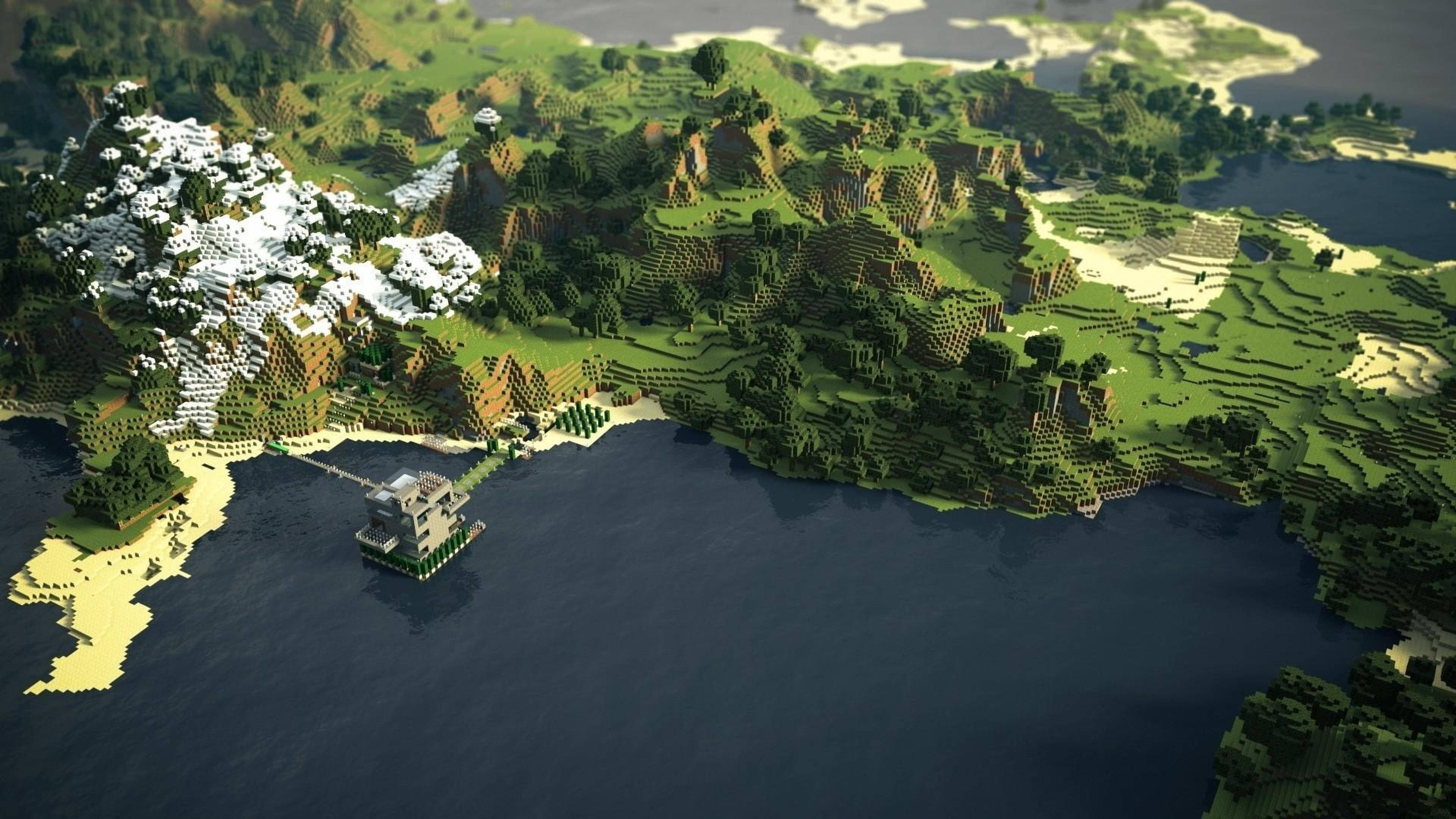 Minecraft, blocky Minecraft island, snowy peaks, 4K Desktop Wallpaper