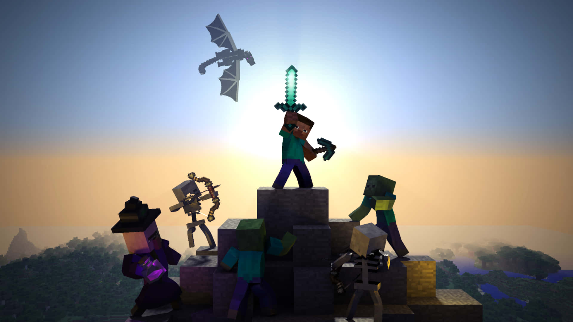 Minecraft, Minecraft characters, blocky ruins, Full HD Desktop Wallpaper