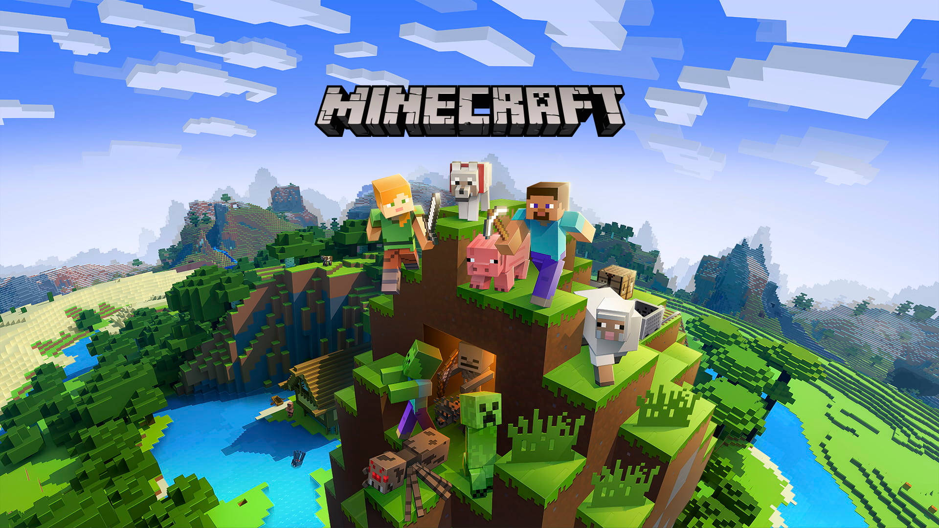Minecraft, pixelated valley, lush green cliff, Full HD Desktop Wallpaper