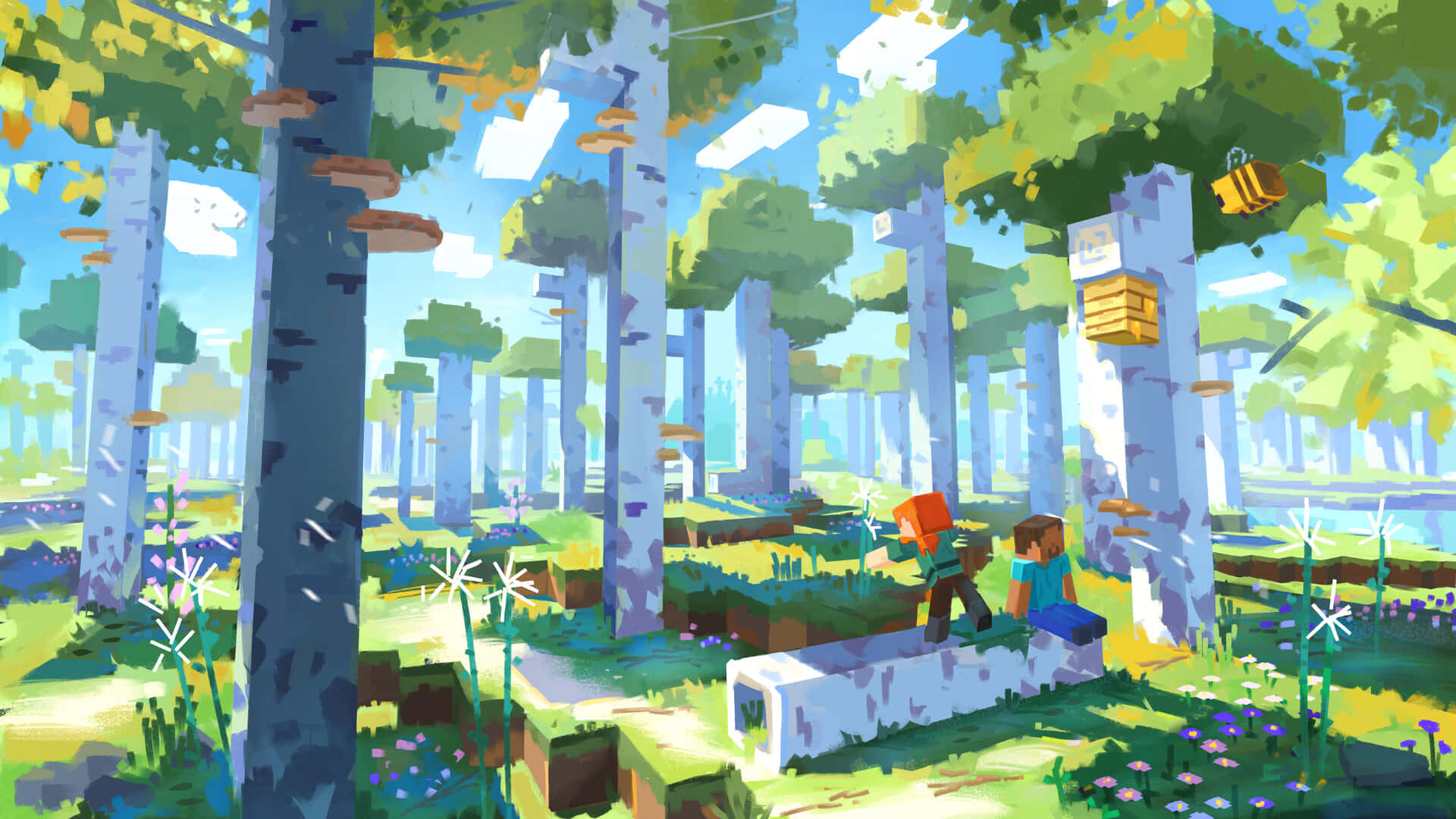 Minecraft, birch forest, floating blocks, Full HD Desktop Wallpaper