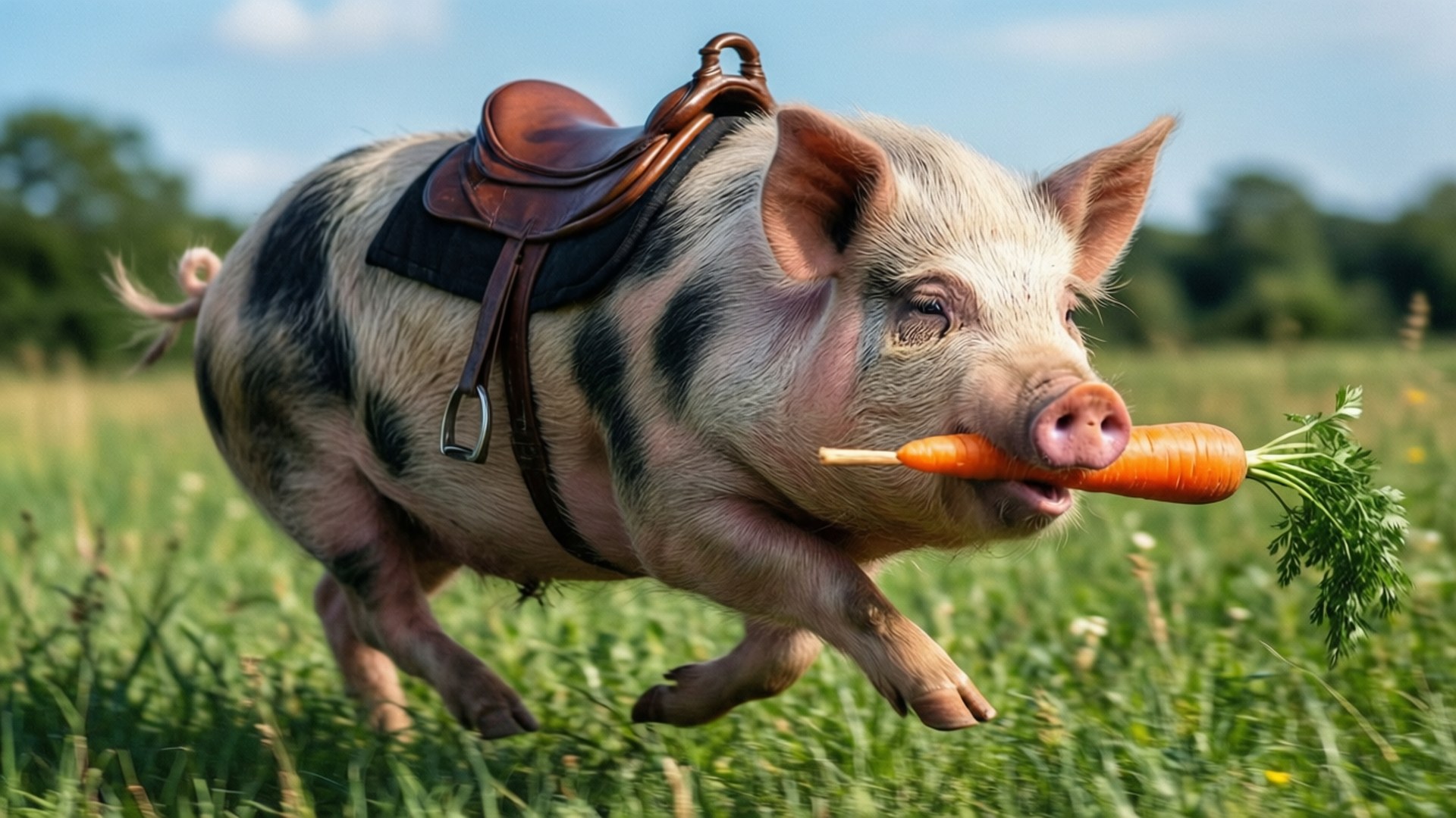pig, saddle, carrot, Full HD Desktop Wallpaper