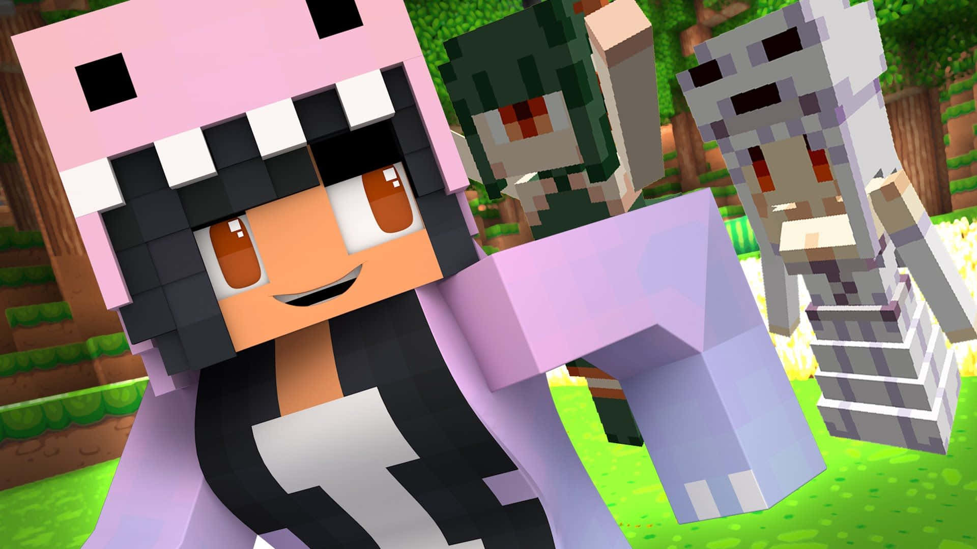 Minecraft, Minecraft-style pixel characters, vibrant forest setting, Full HD Desktop Wallpaper