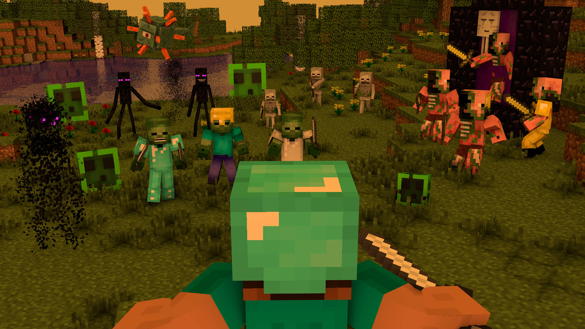 Minecraft, hostile mobs, zombies, Full HD Desktop Wallpaper