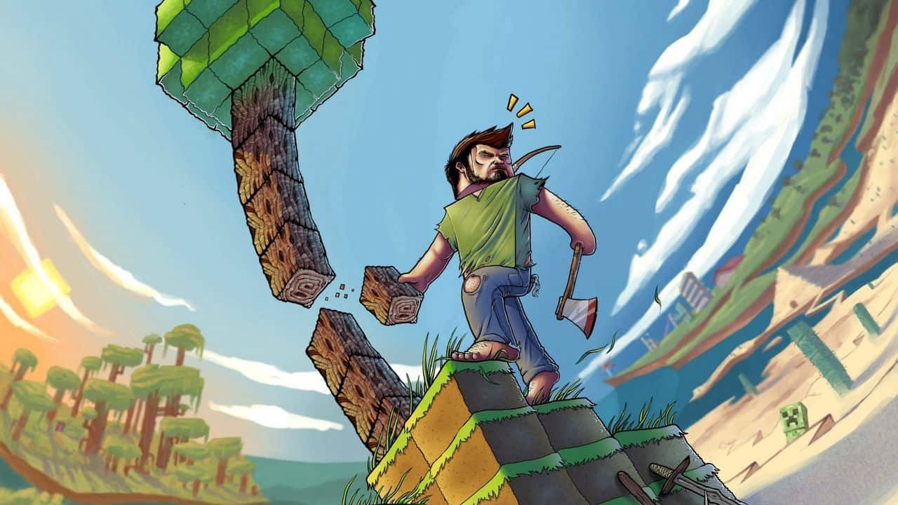 bearded man, green shirt, floating tree block, HD Desktop Wallpaper