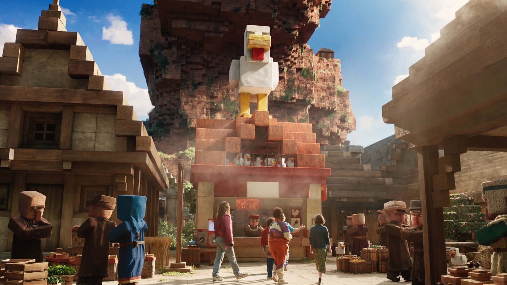 Minecraft Movie, village, blocky villagers, Full HD Desktop Wallpaper