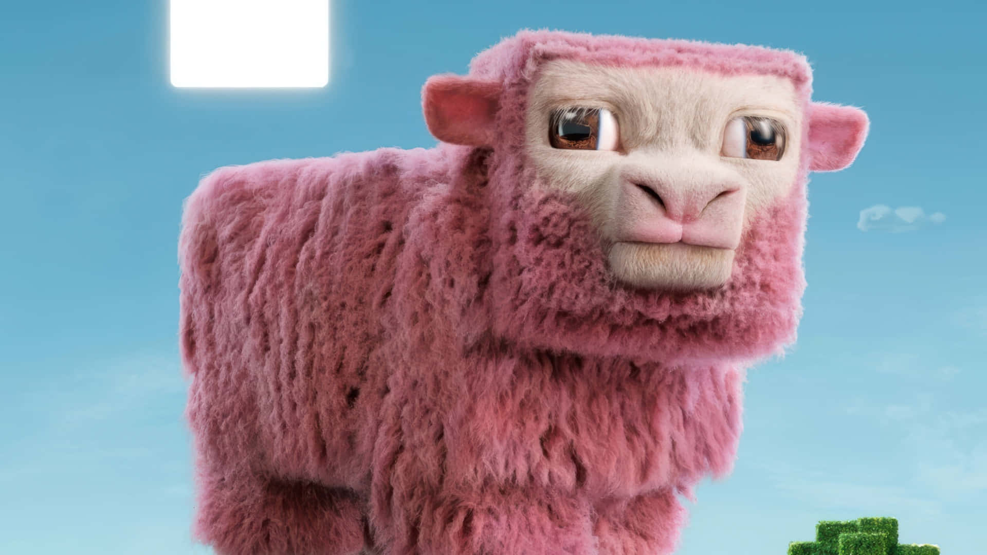 Minecraft Movie, pink sheep, bright blue sky, Full HD Desktop Wallpaper
