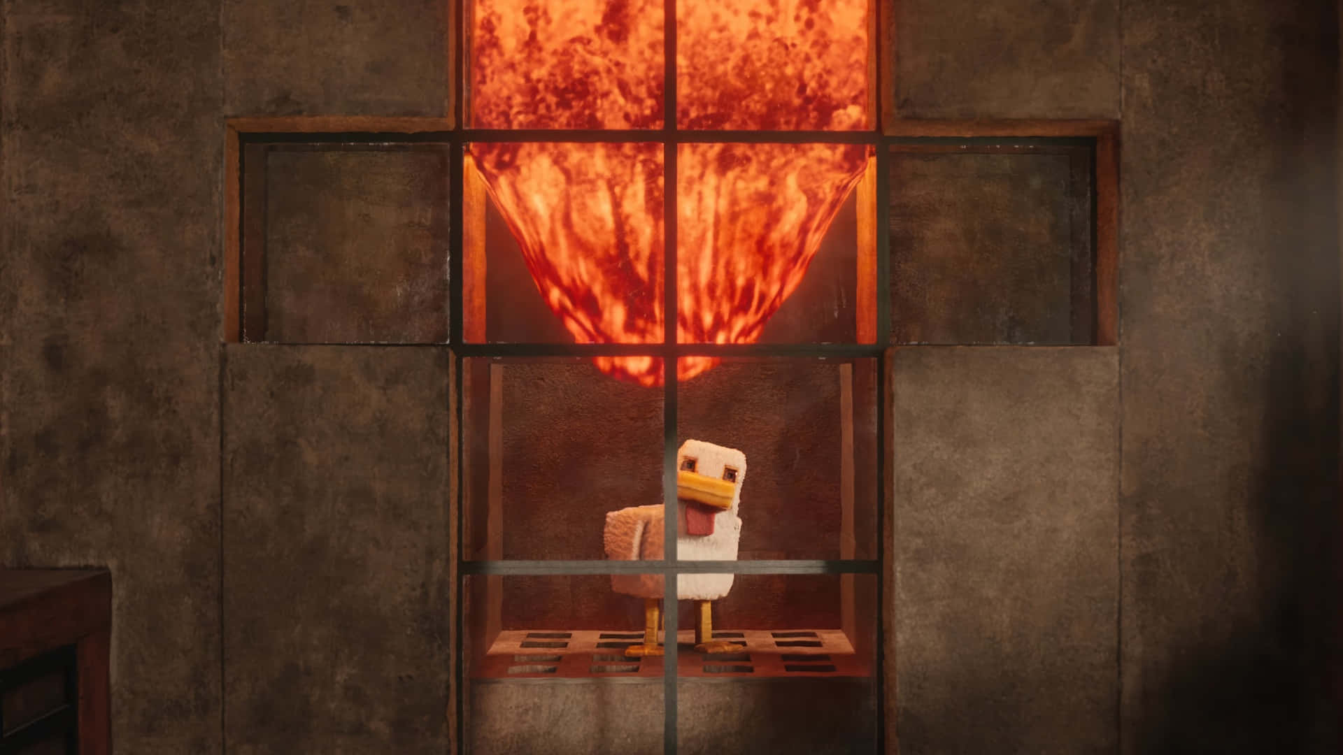 Minecraft Movie, fiery scene, blocky white duck, Full HD Desktop Wallpaper