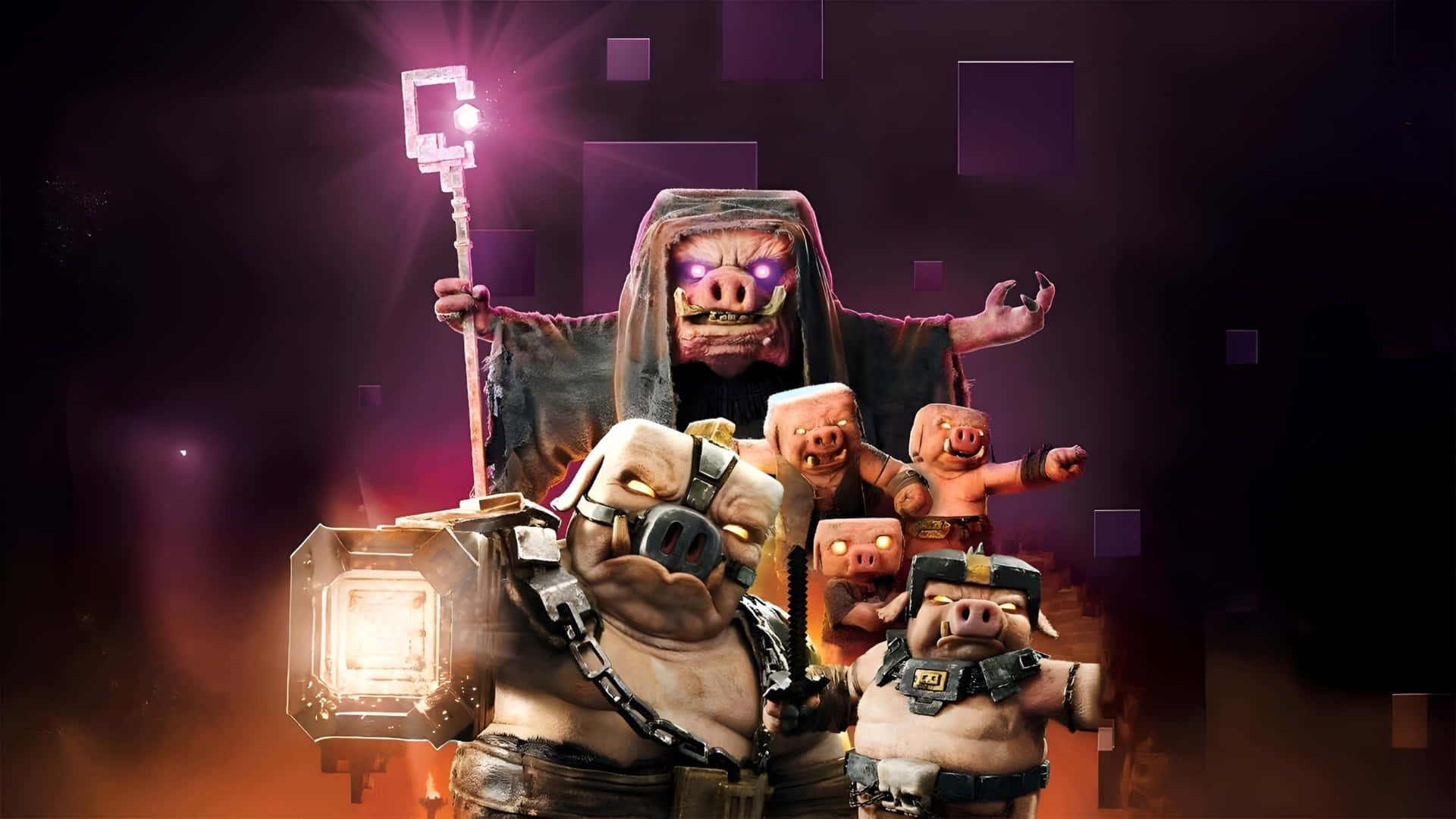 Minecraft Movie, hooded pig wizard, glowing staff, Full HD Desktop Wallpaper