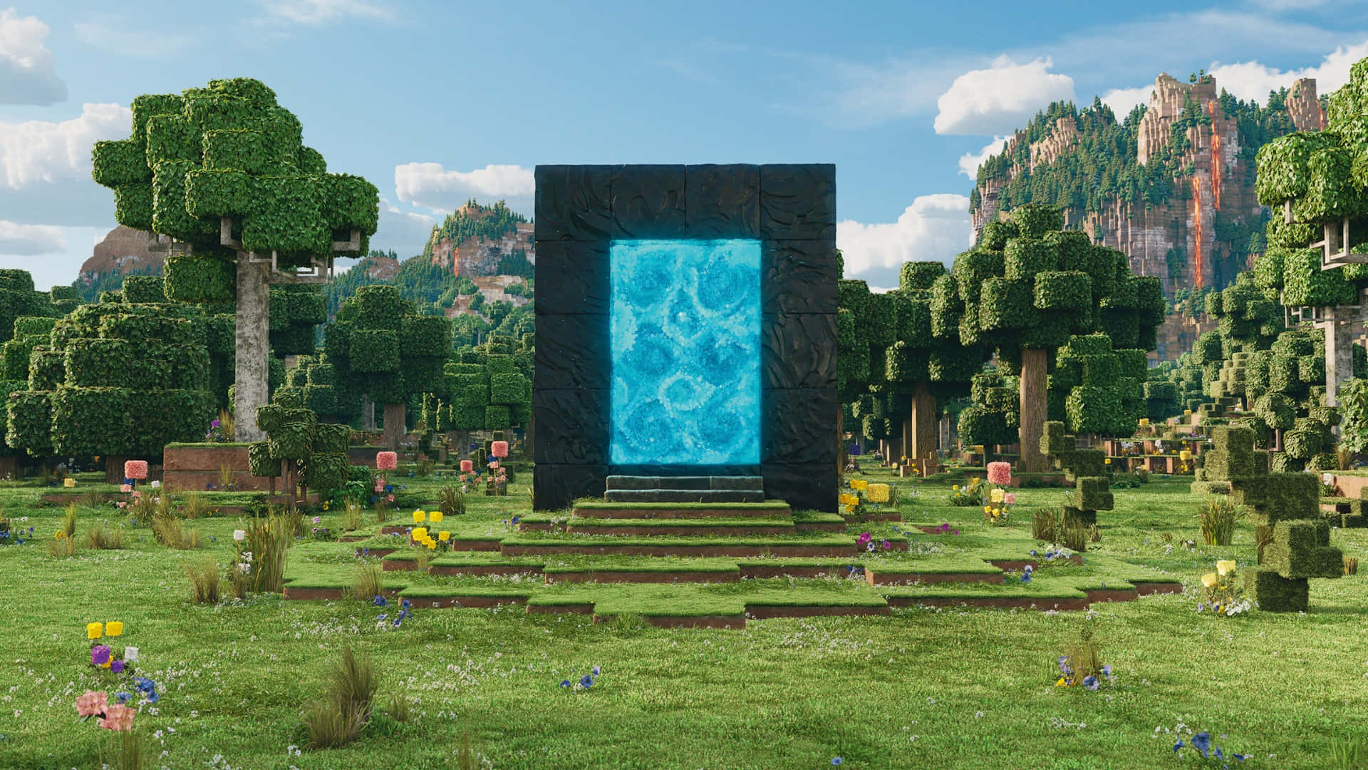 Minecraft Movie, glowing blue portal, dark stone, Full HD Desktop Wallpaper