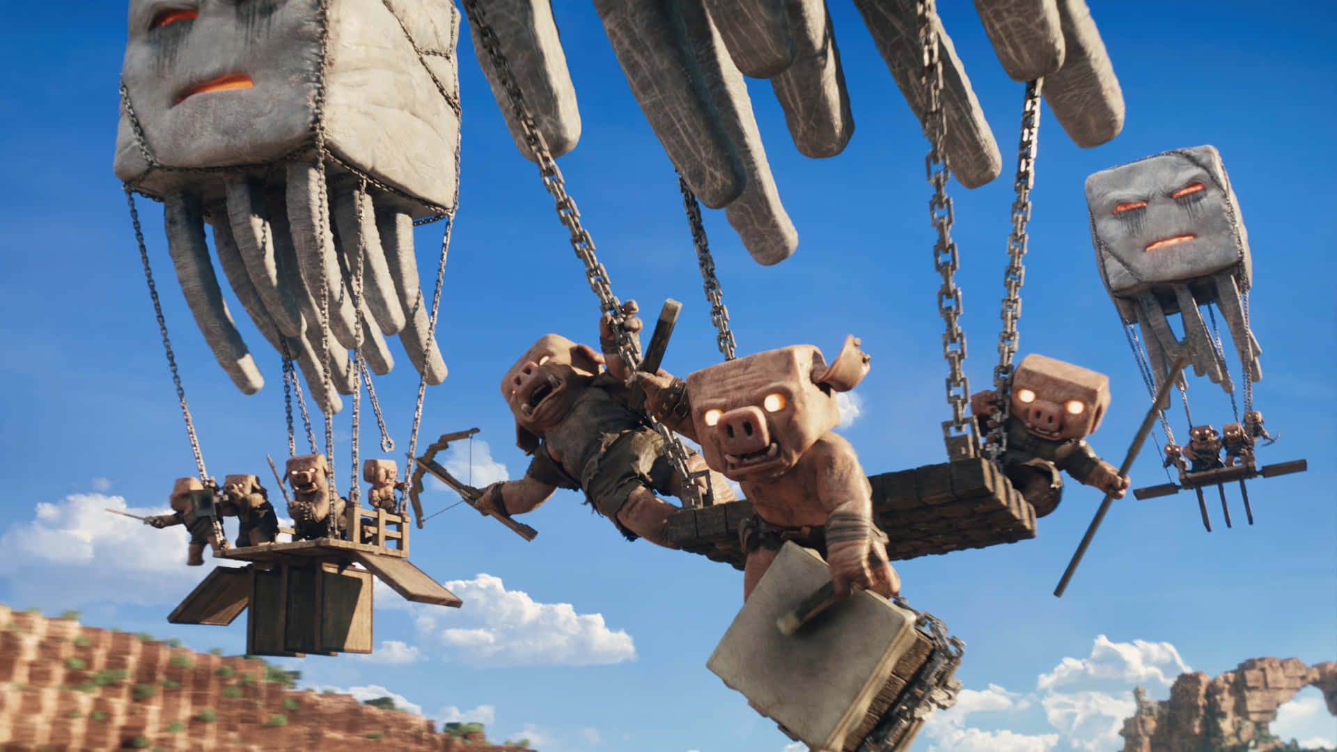 Minecraft Movie, stone hands, pig-like creatures, Full HD Desktop Wallpaper
