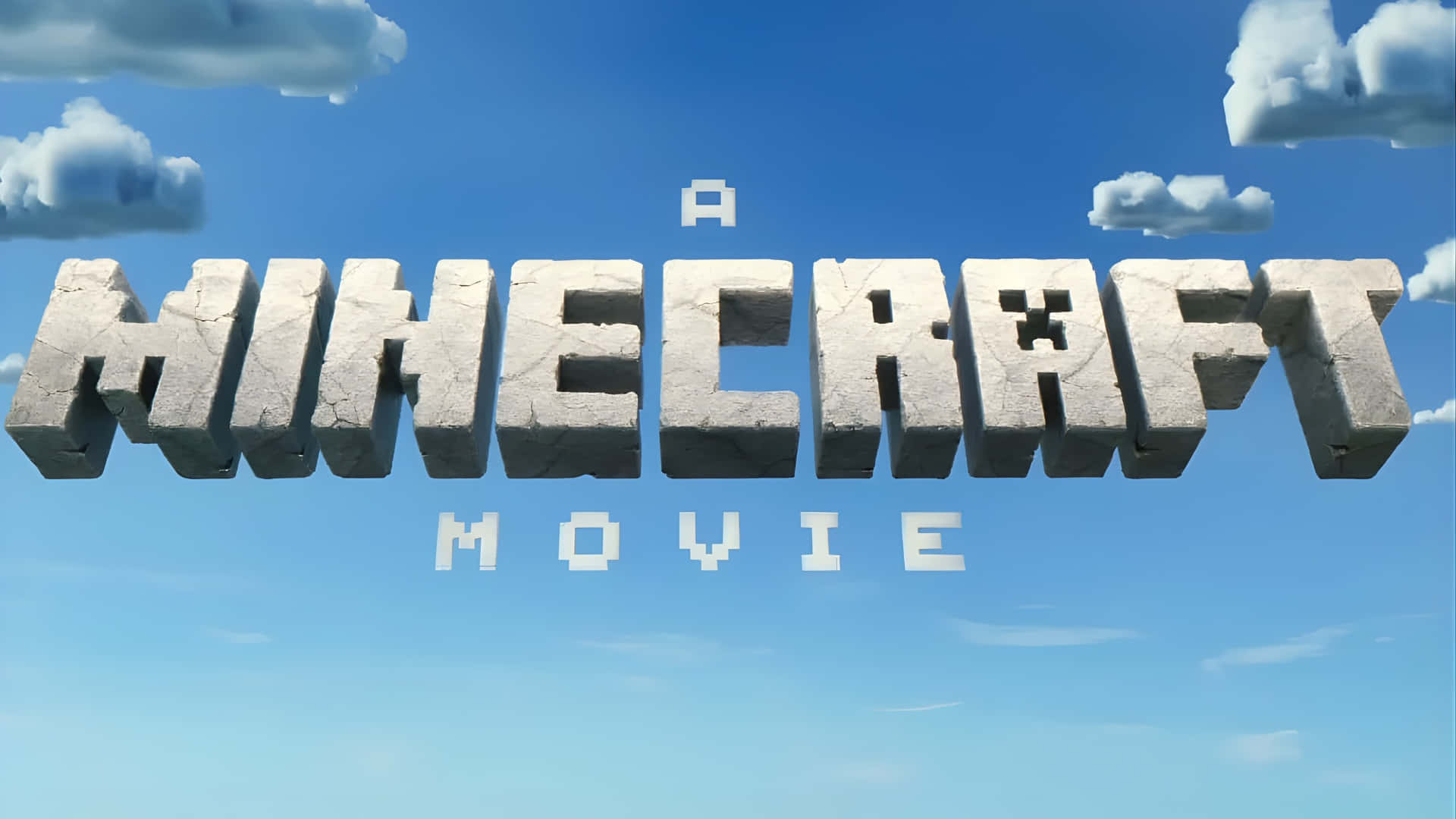 Minecraft Movie, blocky stone letters, bright blue sky, Full HD Desktop Wallpaper