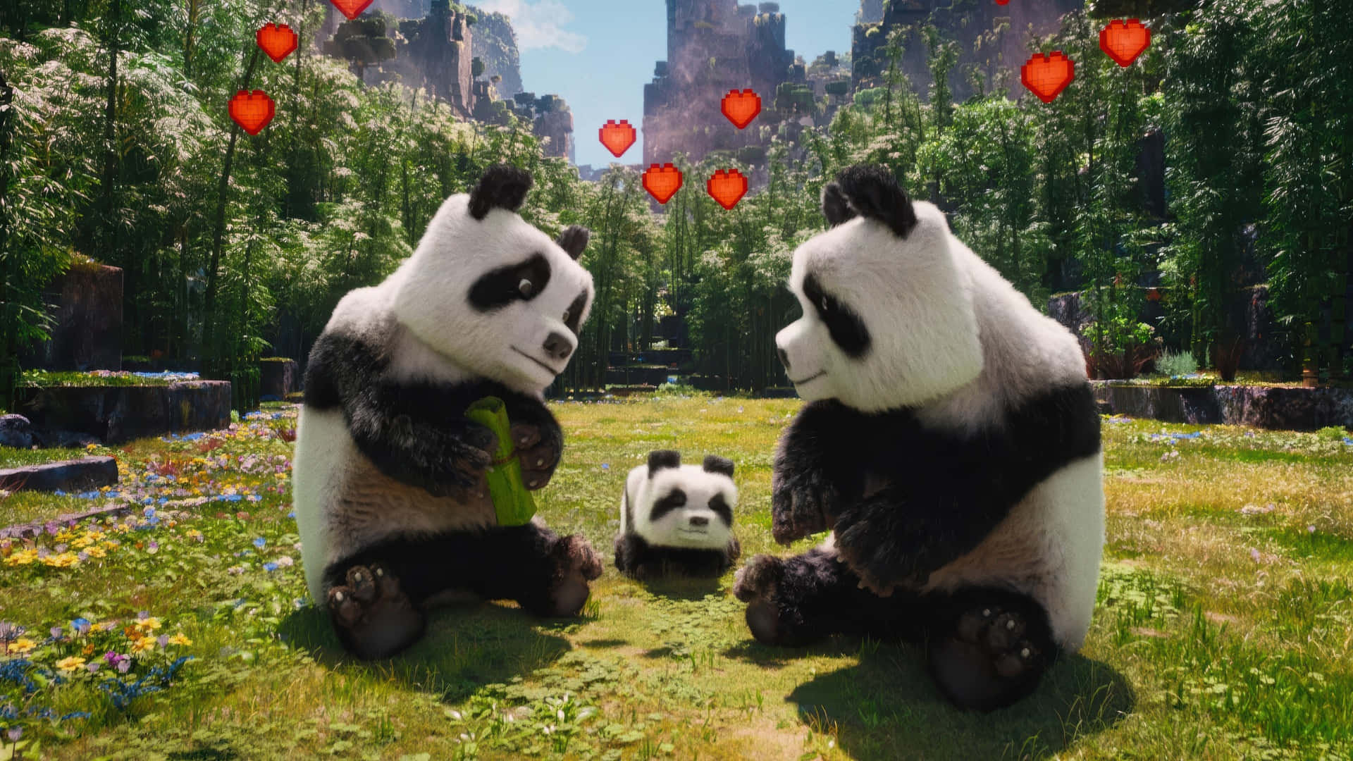 Minecraft Movie, panda family, sunlit bamboo forest, Full HD Desktop Wallpaper