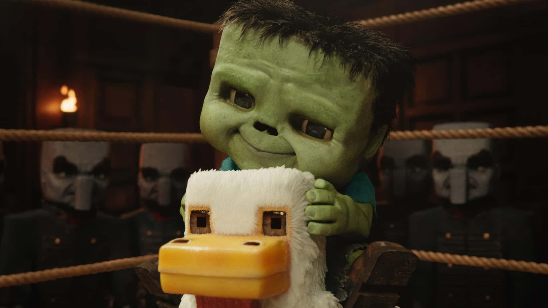 Minecraft Movie, green-skinned monster, white duck puppet, Full HD Desktop Wallpaper