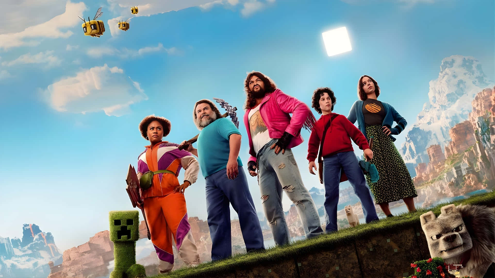 Minecraft Movie, blocky mountains, flying bees, Full HD Desktop Wallpaper