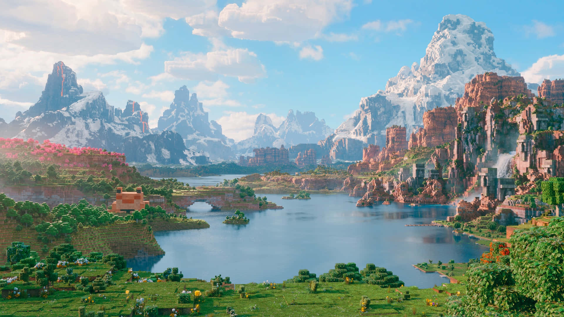 Minecraft Movie, snowcapped mountains, serene lake, Full HD Desktop Wallpaper