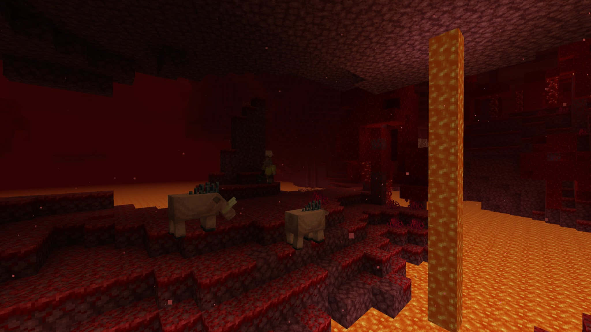 Minecraft Nether, glowing orange lava flows, red netherrack blocks, Full HD Desktop Wallpaper