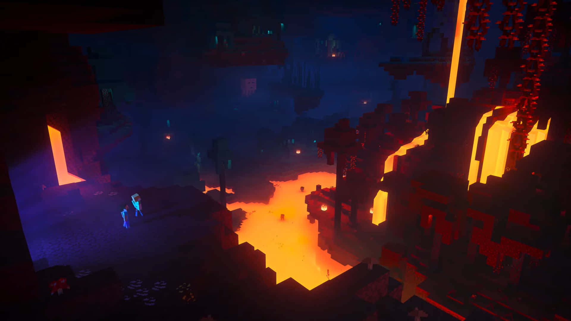Minecraft Nether, lava river, dark blue blocky cavern, Full HD Desktop Wallpaper