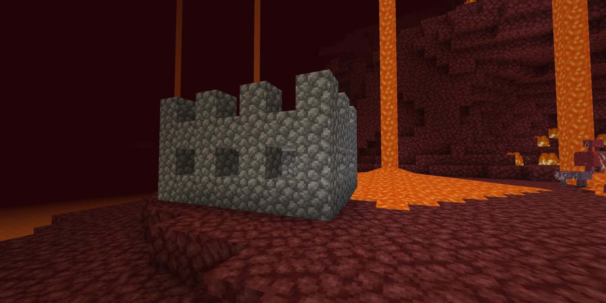 Minecraft Nether, cobblestone structure, pixelated stone castle, Full HD Desktop Wallpaper