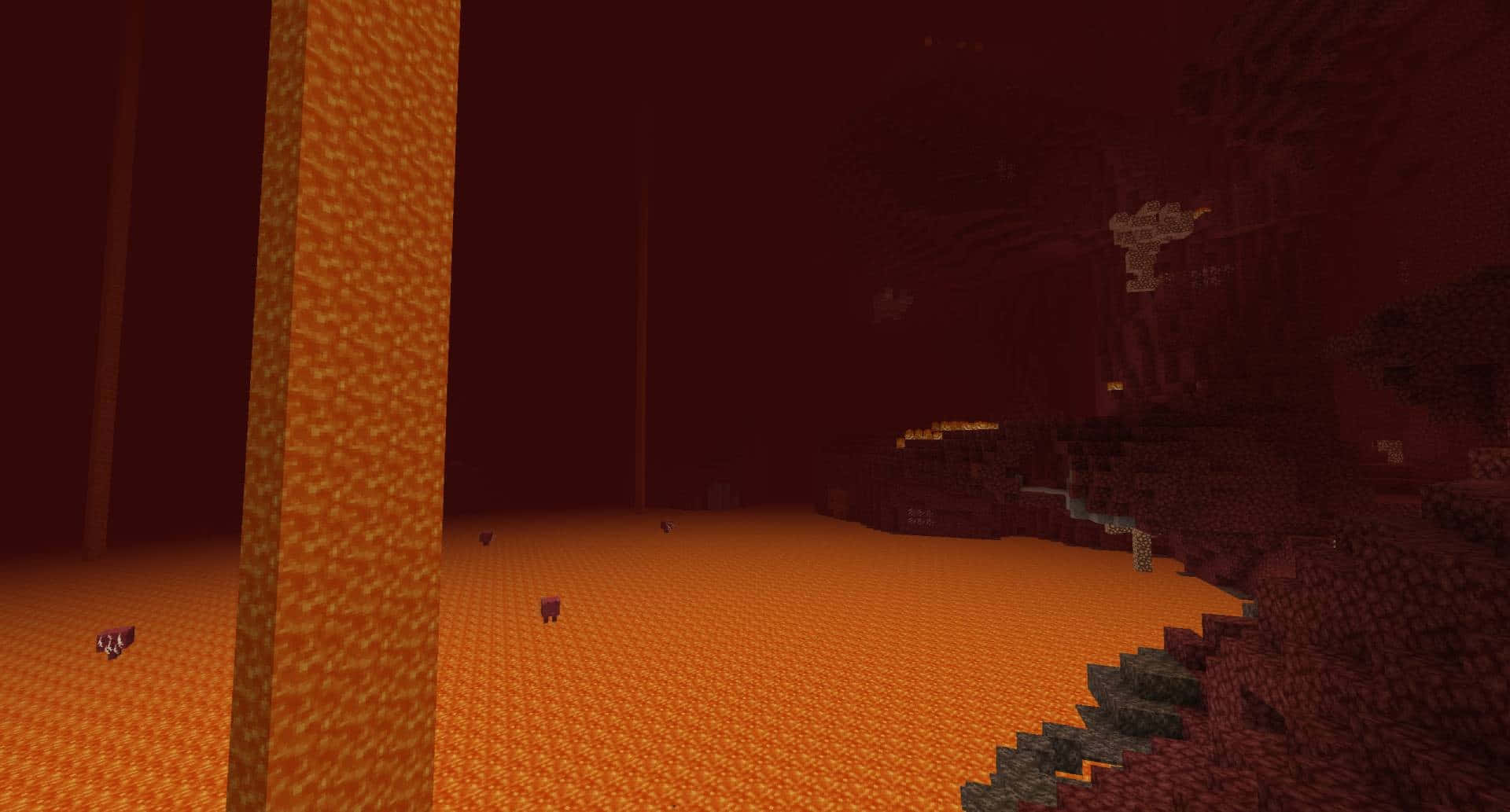 Minecraft Nether, glowing orange lava flows, jagged obsidian cliffs, Full HD Desktop Wallpaper