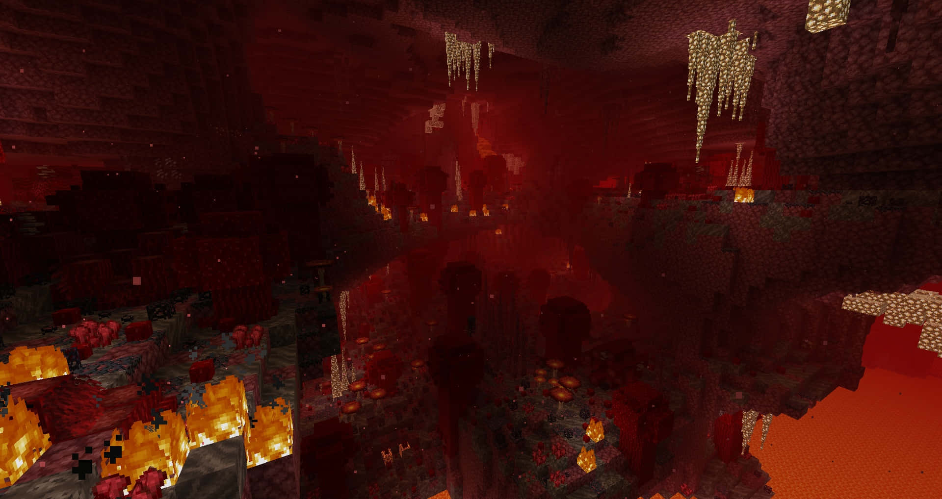 Minecraft Nether, glowing orange lava pools, hanging stalactites, Full HD Desktop Wallpaper