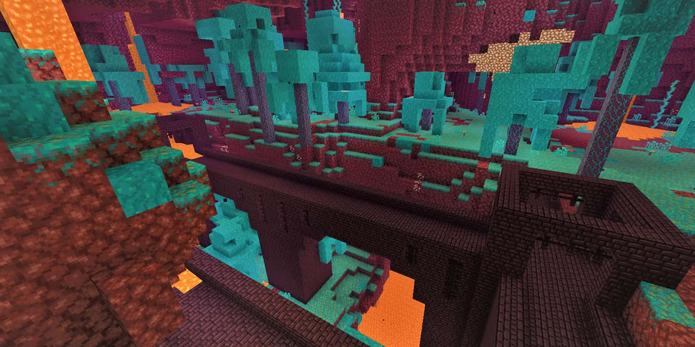 Minecraft Nether, glowing orange lava flows, teal netherrack formations, HD Desktop Wallpaper