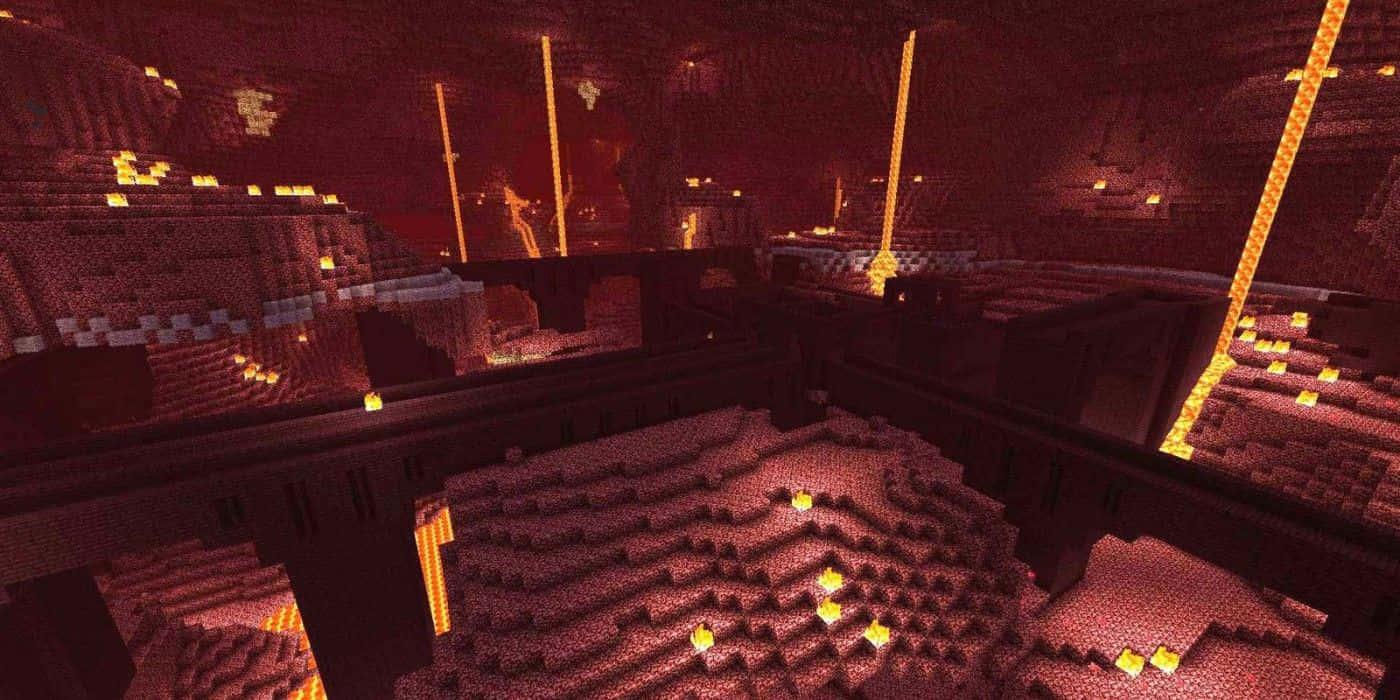 Minecraft Nether, glowing lava flows, torches, HD Desktop Wallpaper