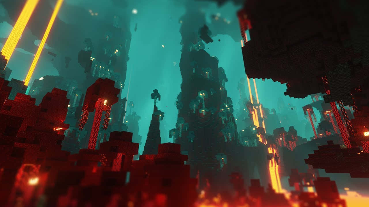 Minecraft Nether, lava falls, pixelated cityscape, HD Desktop Wallpaper
