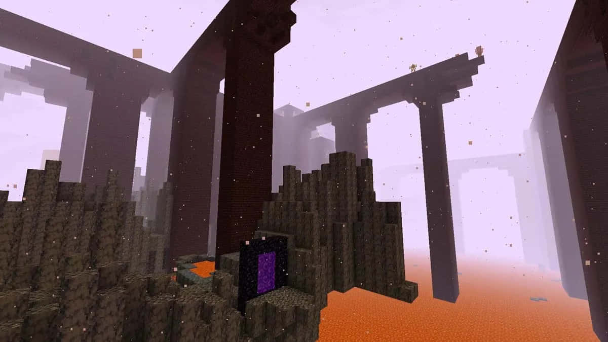 Minecraft Nether, obsidian pillars, purple portal, SD Desktop Wallpaper