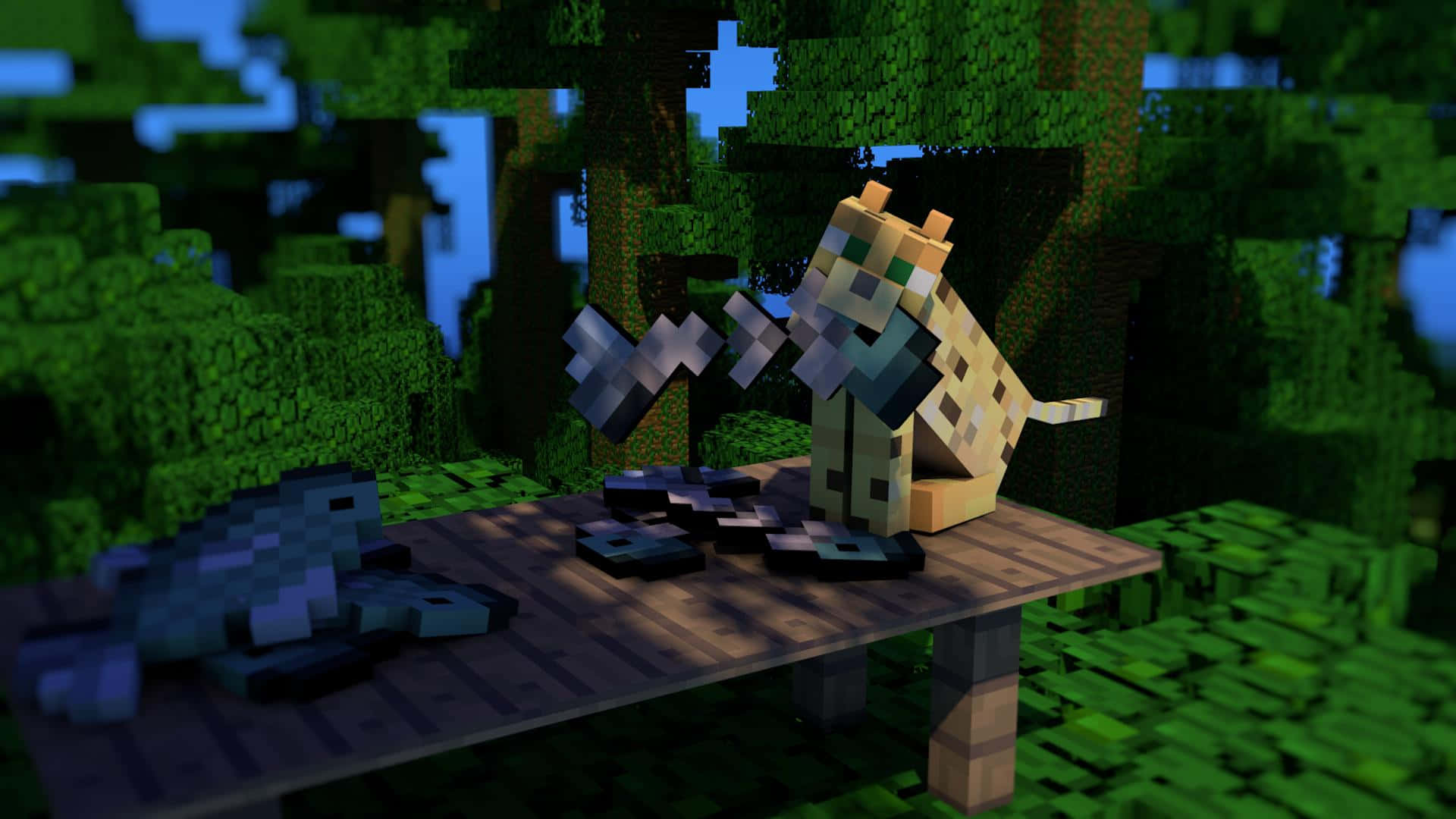 Minecraft Ocelot, pixelated, wooden table, Full HD Desktop Wallpaper