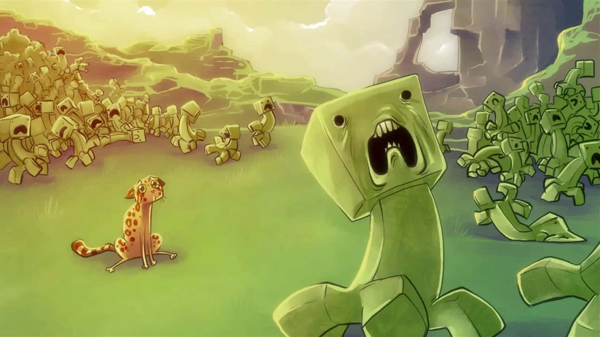 Minecraft Ocelot, green blocky zombie, grassy field, Full HD Desktop Wallpaper