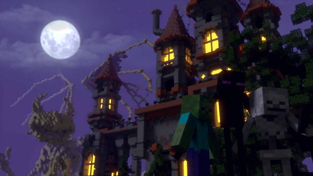 Minecraft PC, creepy castle, full moon, HD Desktop Wallpaper