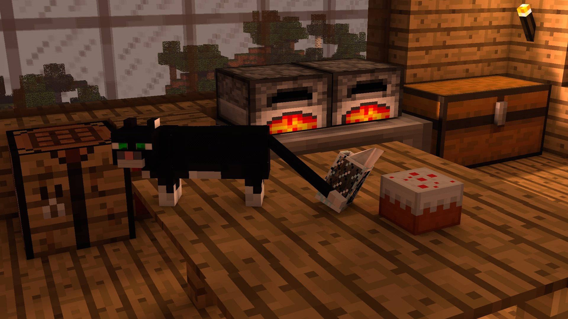 Minecraft, black cat, green eyes, Full HD Desktop Wallpaper