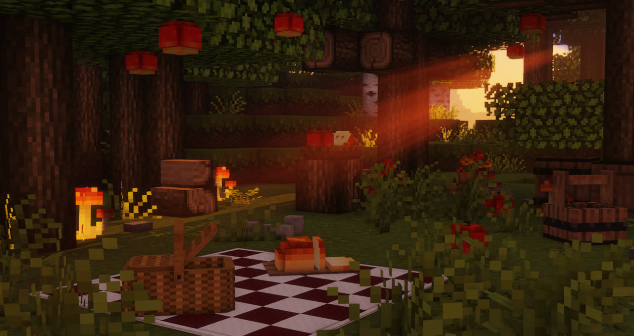 Minecraft, dark green mushroom house, checkered blanket, HD Desktop Wallpaper