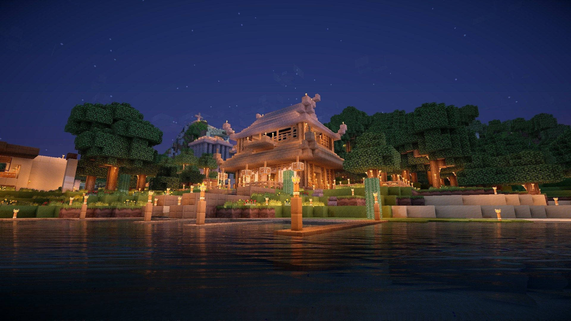 Minecraft PC, traditional Japanese house, glowing wooden temple, Full HD Desktop Wallpaper