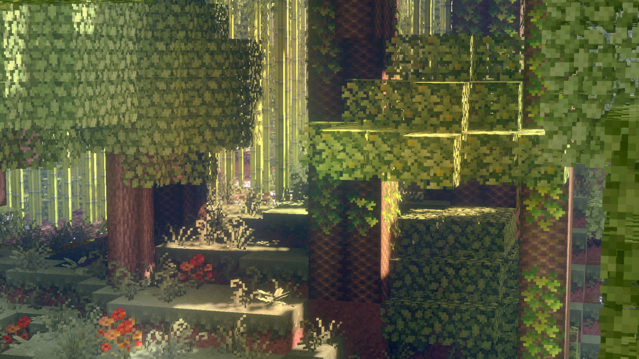 Minecraft PC, blocky trees, vibrant red flowers, HD Desktop Wallpaper