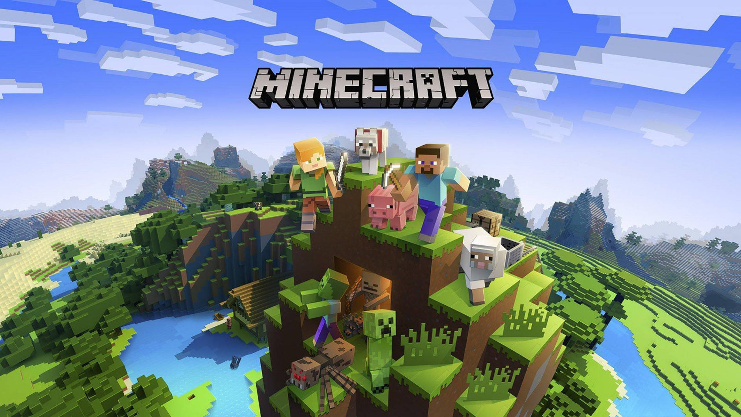 Minecraft, grass clif, pixelated landscape, 2K Desktop Wallpaper